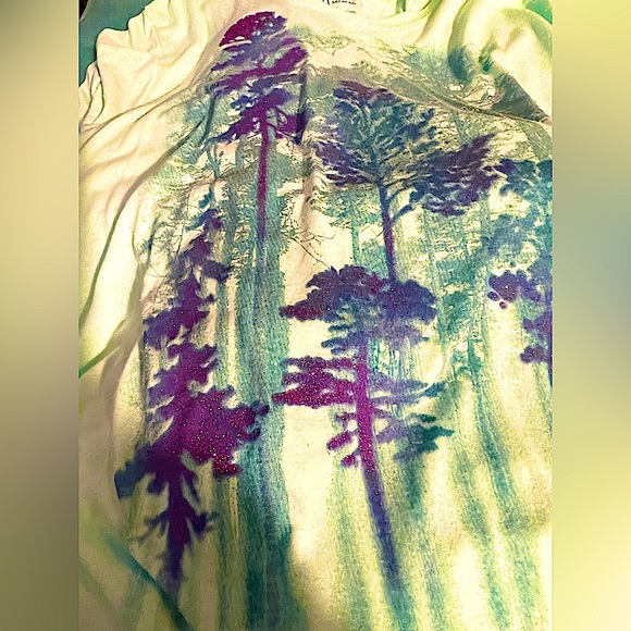 purple glitter with Tall teal trees long sleeve tunic soft stretchy top Rare vtg - Picture 4 of 7